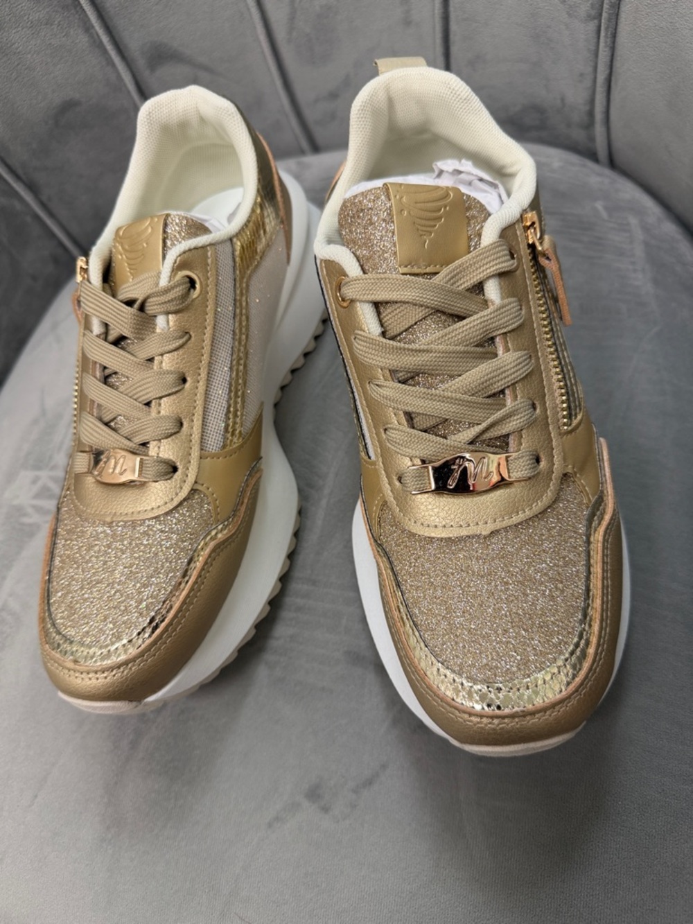 Women's Gold Glitter Platform Sneakers with Side Zip